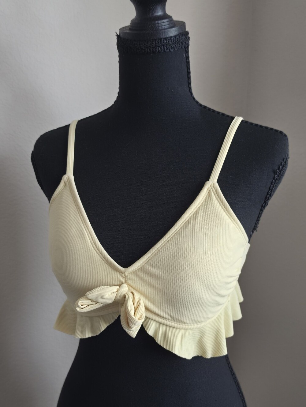 Pale Yellow Bikini Top With Front Tie And Ruffled Edge